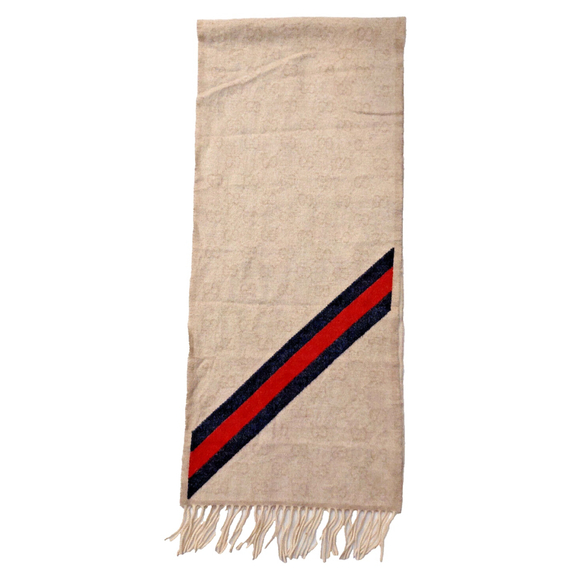 Gucci Classic Beige GG Print Blue & Red Stripe Scarf Pre-owned - Picture 5 of 14